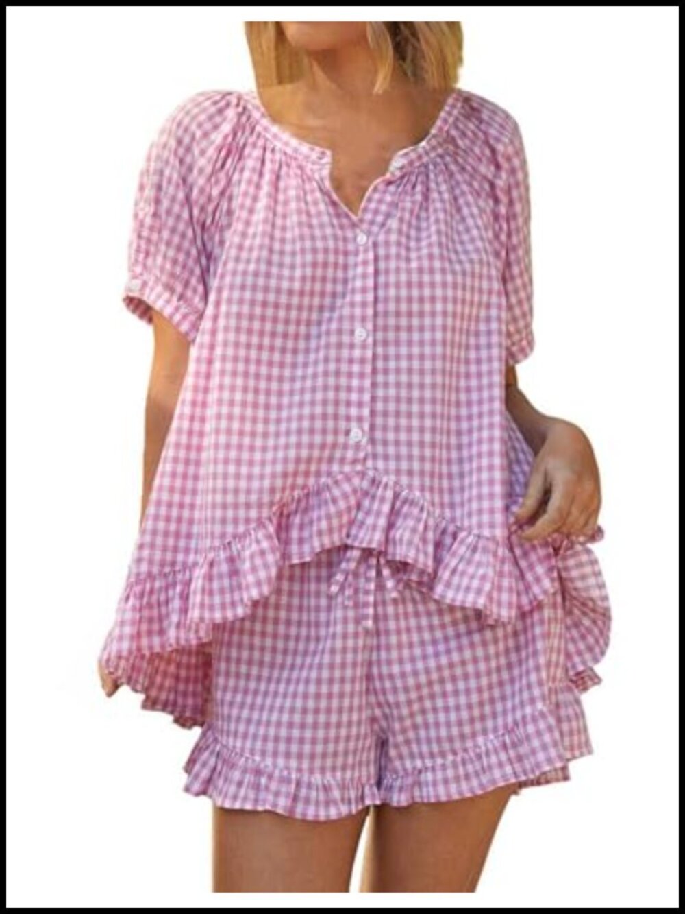 Womens Gingham Pajama Set 2 Piece Cotton Short Sleeve Plaid Ruffle Pjs Lounge